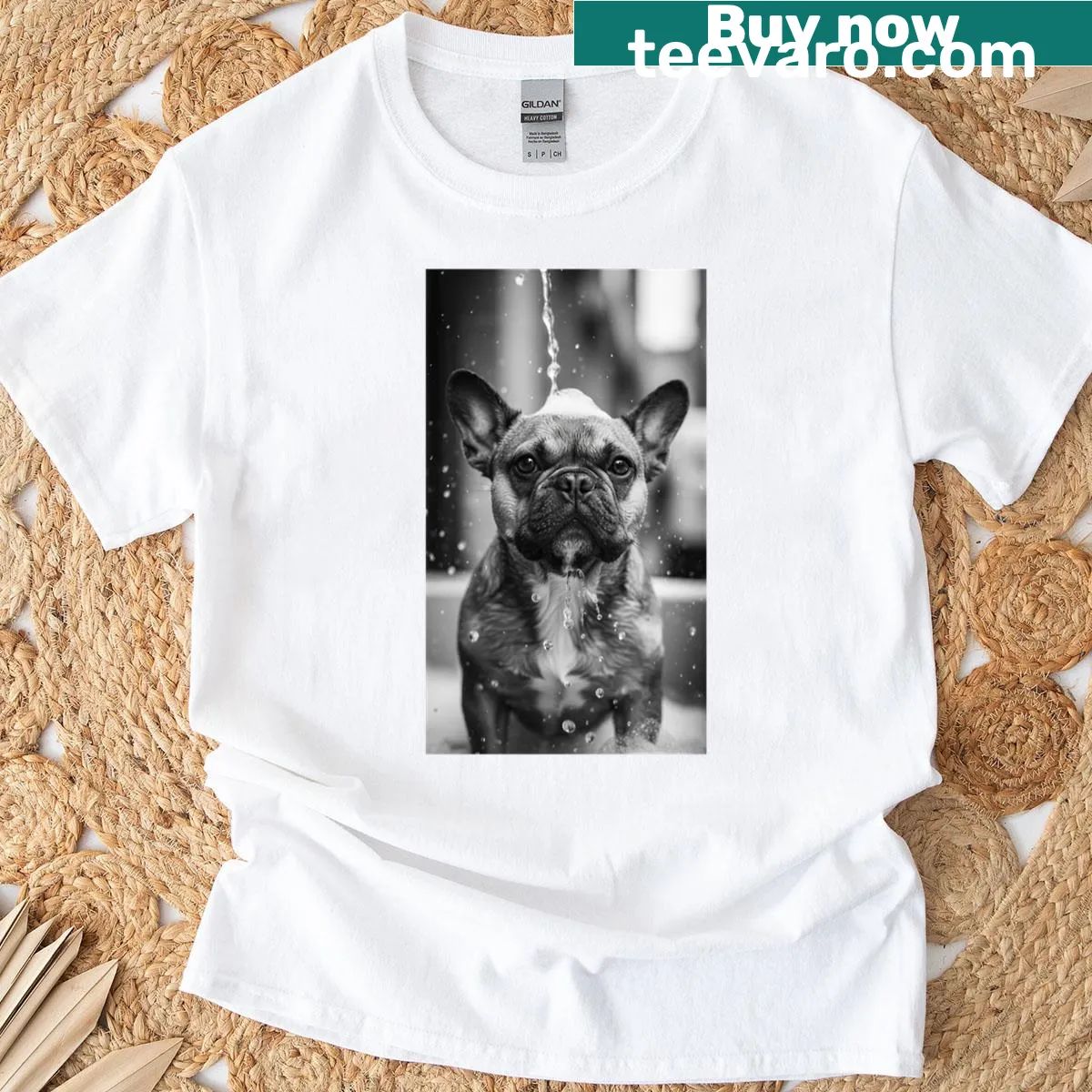 Adorable French Bulldog illustration enjoying bath time — on a men's t-shirt