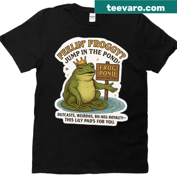Playful Frog Pond T-shirt featuring cartoon frogs in a pond.