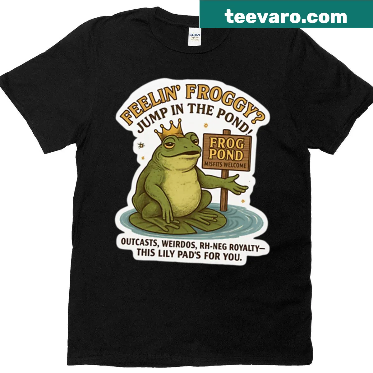 Playful Frog Pond T-shirt featuring cartoon frogs in a pond. — on a men's t-shirt