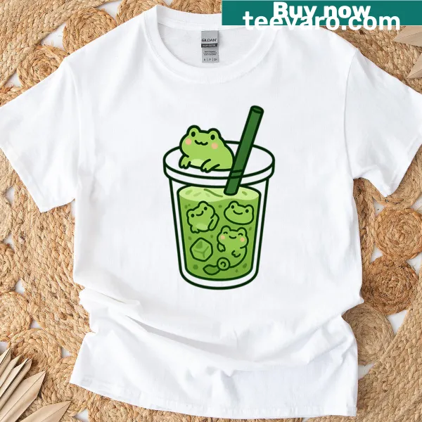 Kawaii design of a frog with a matcha latte float on a T-shirt