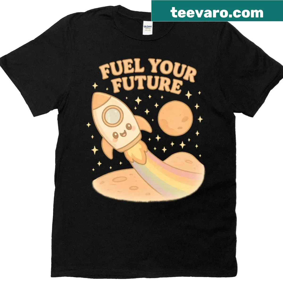 Inspirational t-shirt featuring a rainbow rocket graphic heading to the stars. — on a men's t-shirt