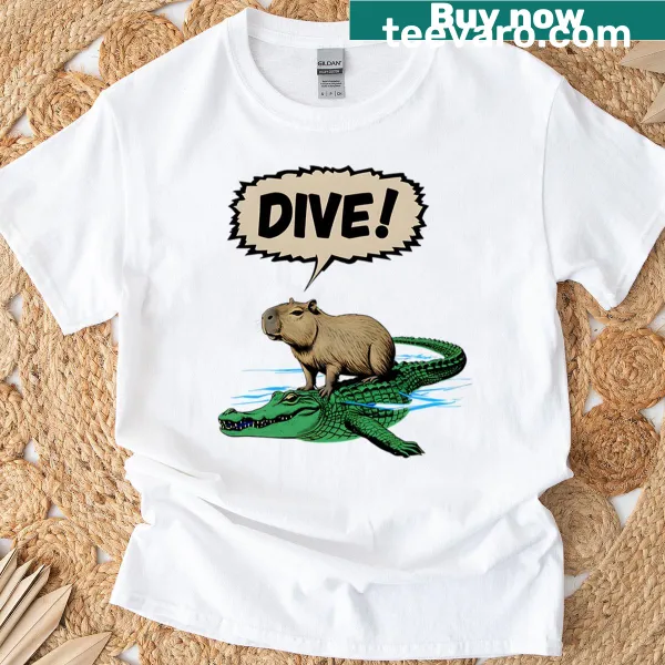 Cartoon design T-shirt with a capybara sitting on a crocodile