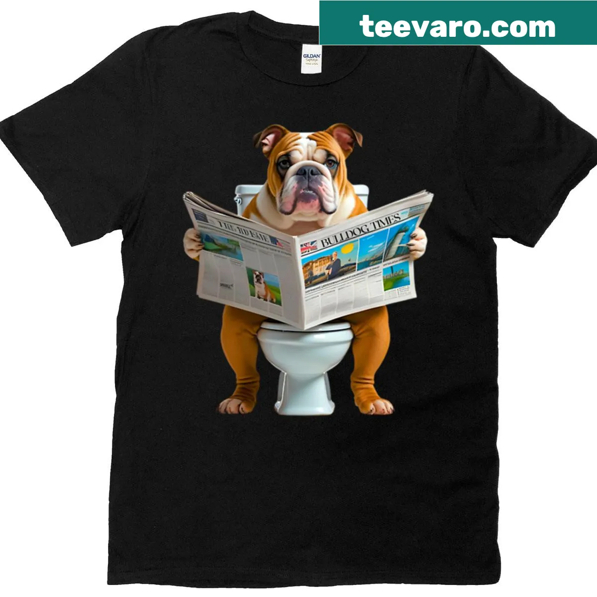 Cartoon English Bulldog on toilet reading news on a t-shirt — on a men's t-shirt