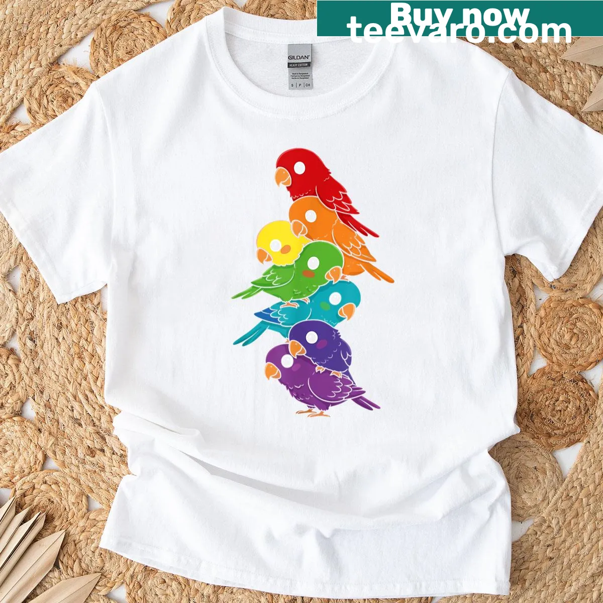 Rainbow parrot design celebrating LGBTQ+ pride on a T-shirt — on a men's t-shirt