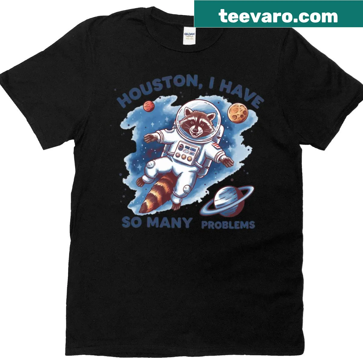 T-shirt featuring a humorous raccoon astronaut in outer space design. — on a men's t-shirt