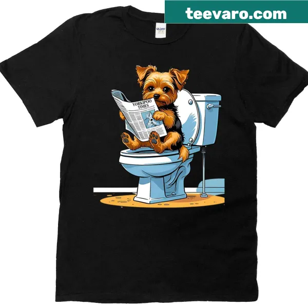 Cartoon Yorkipoo reading news on toilet design T-shirt