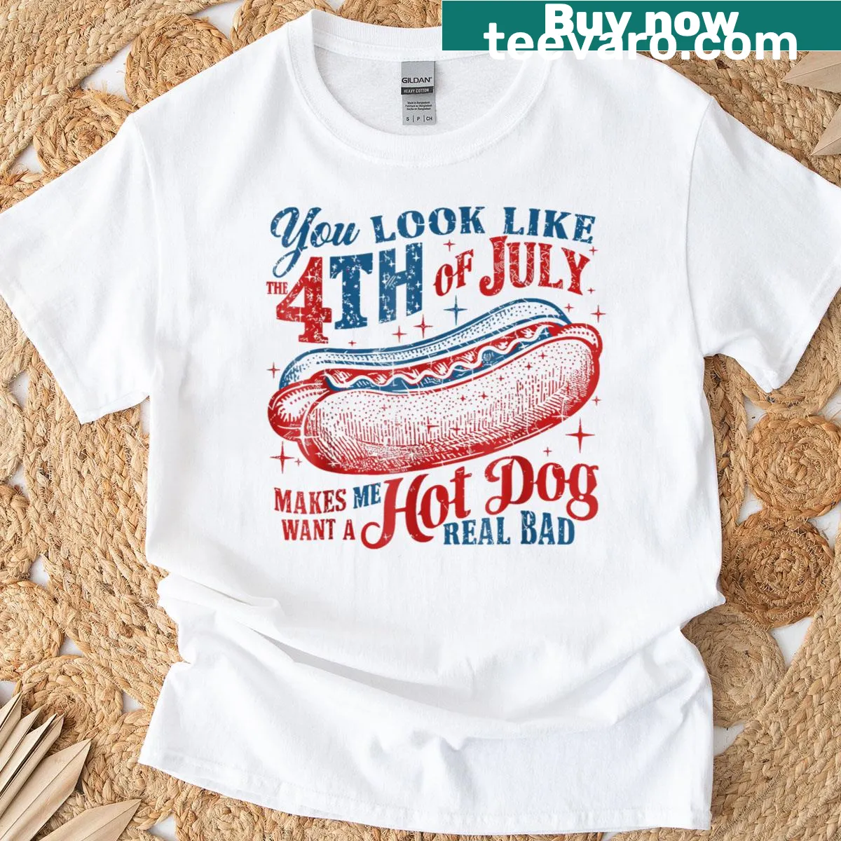 Funny 4th of July hot dog t-shirt with playful typography — on a men's t-shirt
