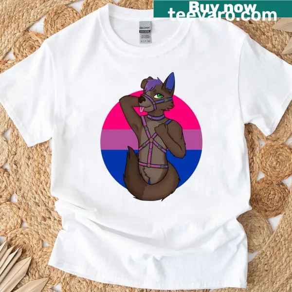Illustration of a cute puppy celebrating bi pride