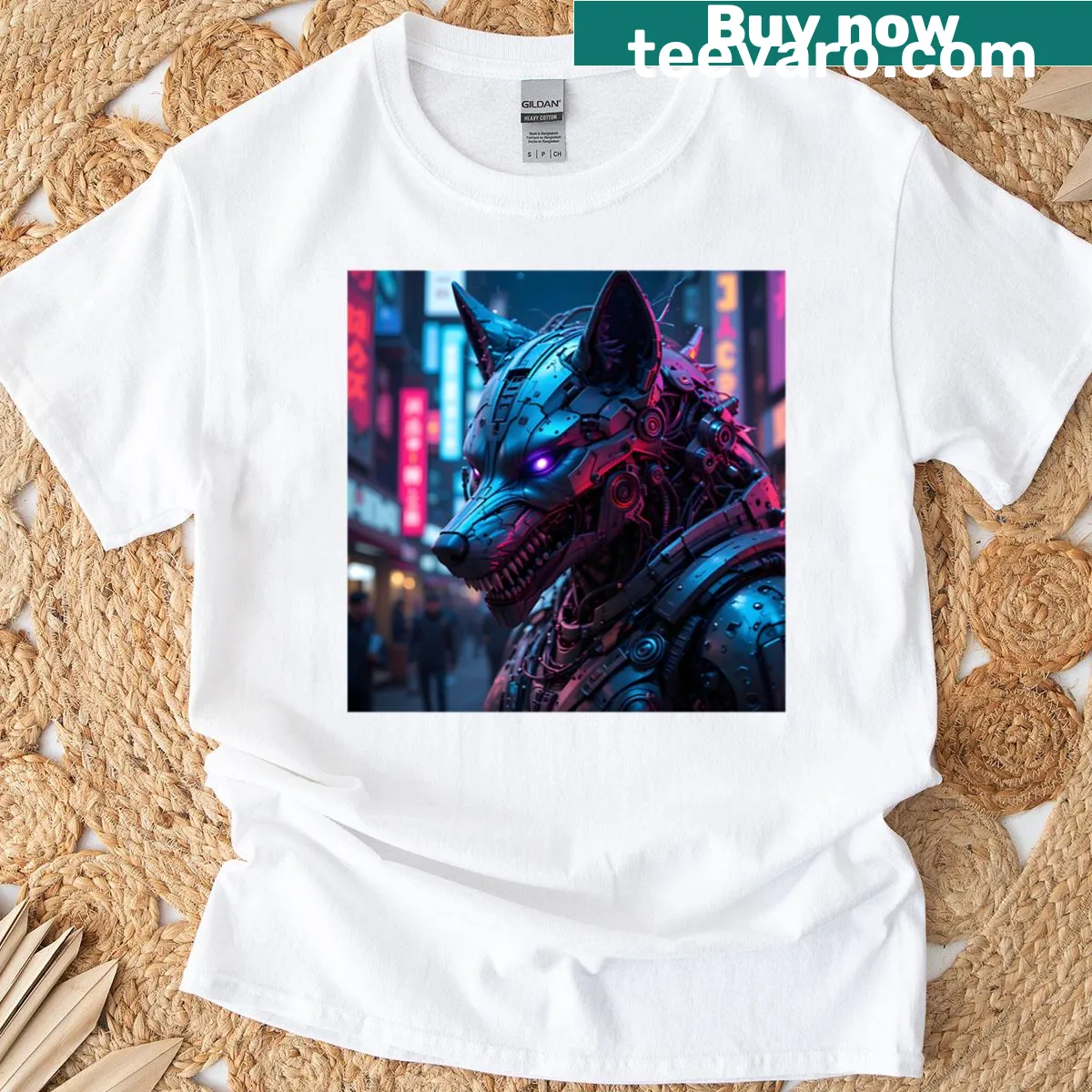 Futuristic cyborg wolf illustration with robotic features — on a men's t-shirt