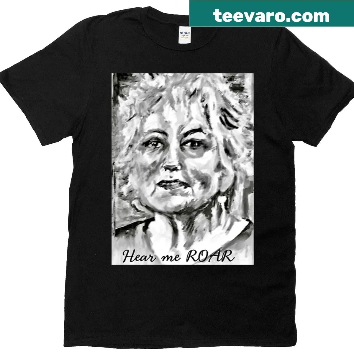 T-shirt featuring 'Hear Her Roar' text tribute to Germaine Greer — on a men's t-shirt