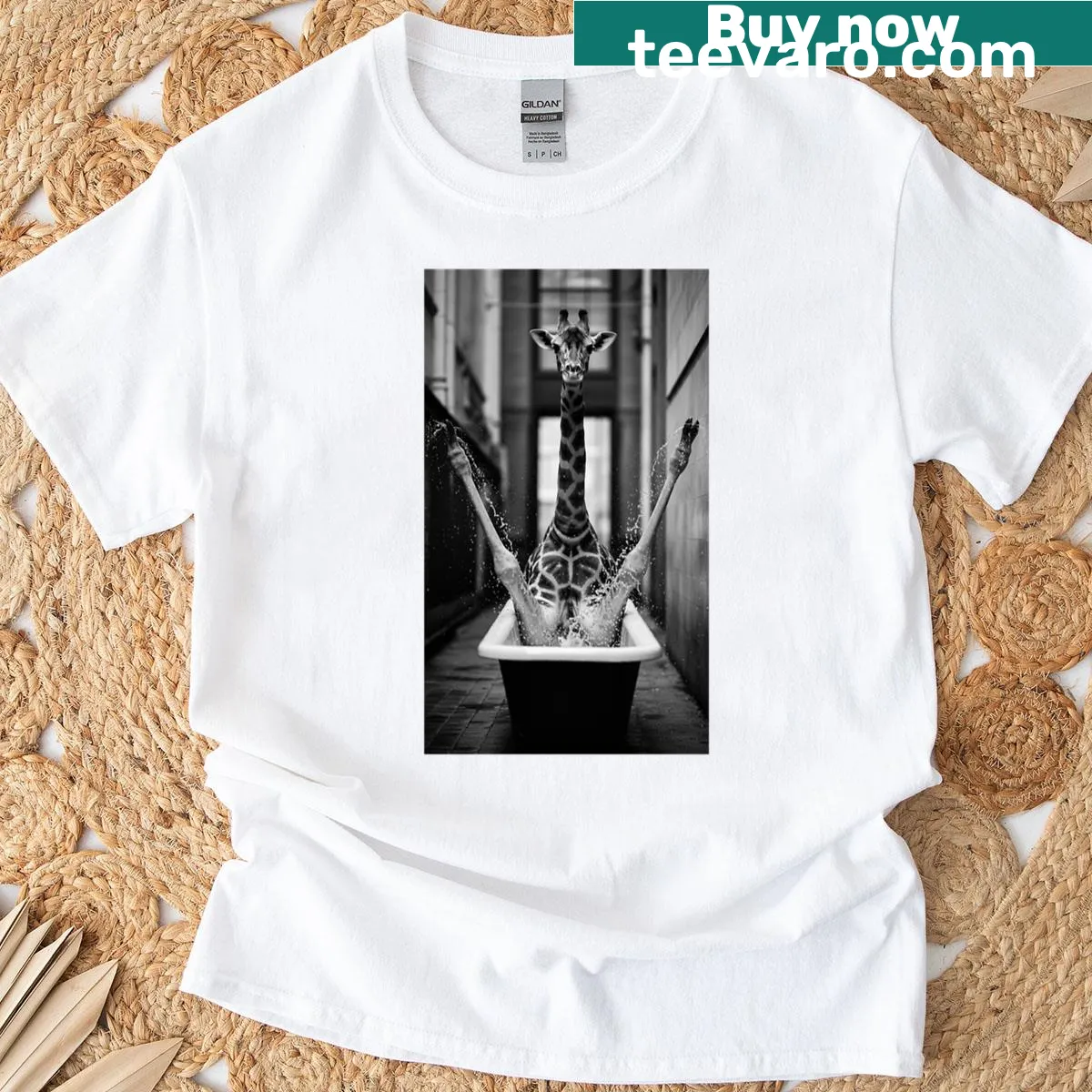 Playful illustration of giraffes escaping from a bathtub on T-shirt — on a men's t-shirt
