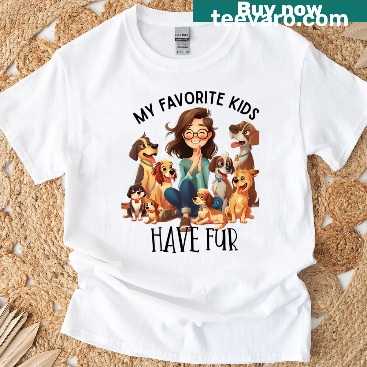 Illustration of a girl with cartoon dogs — on a men's t-shirt