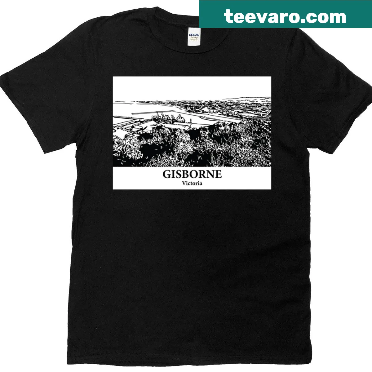 Illustrated Gisborne Victoria T-shirt featuring scenic design — on a men's t-shirt