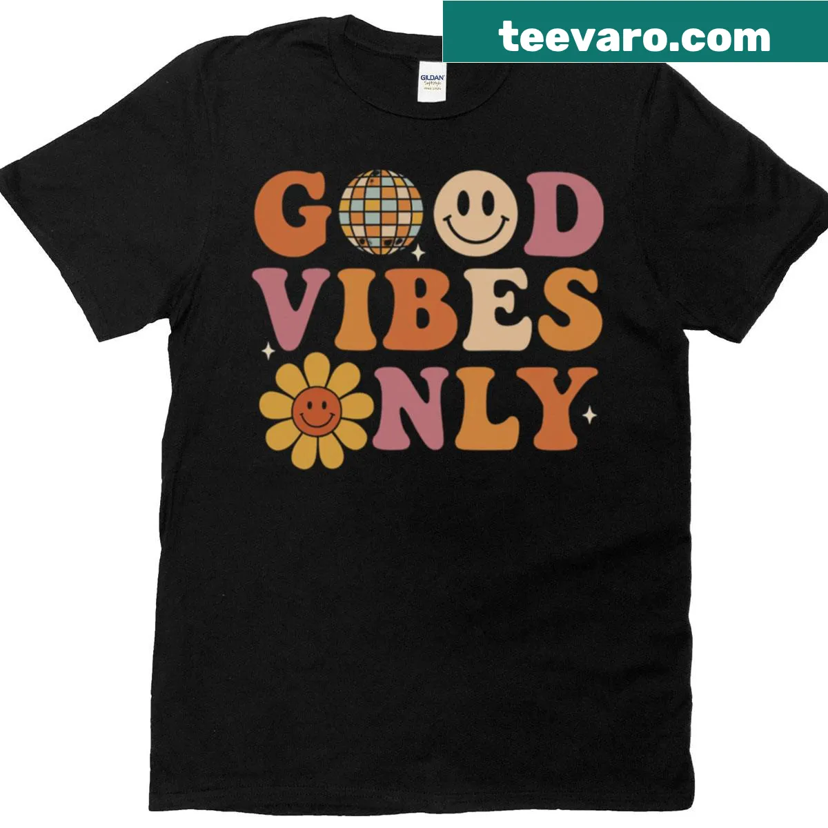 Positive typography t-shirt with 'Good Vibes Only' text — on a men's t-shirt