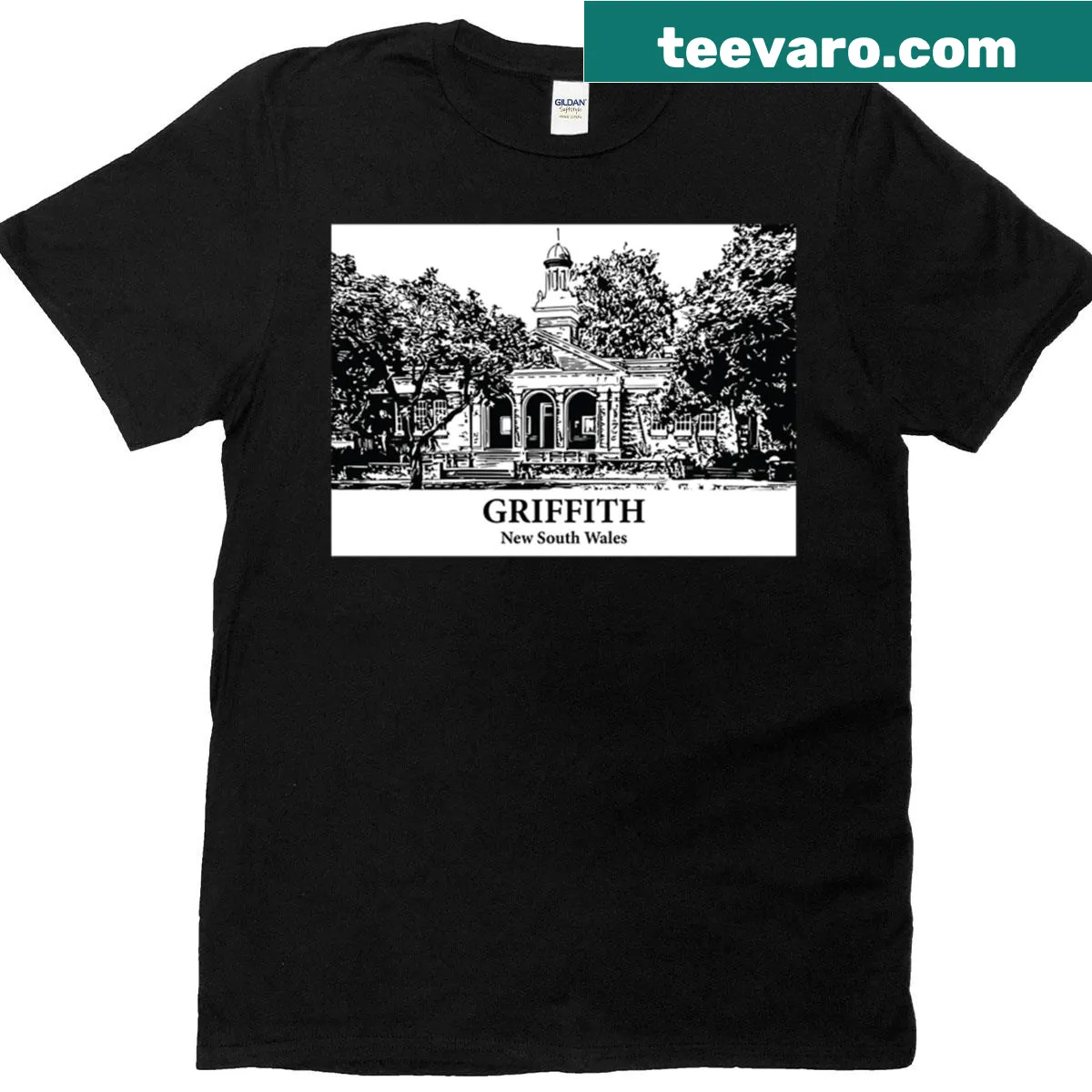 Minimalist silhouette graphic t-shirt of Griffith, New South Wales — on a men's t-shirt
