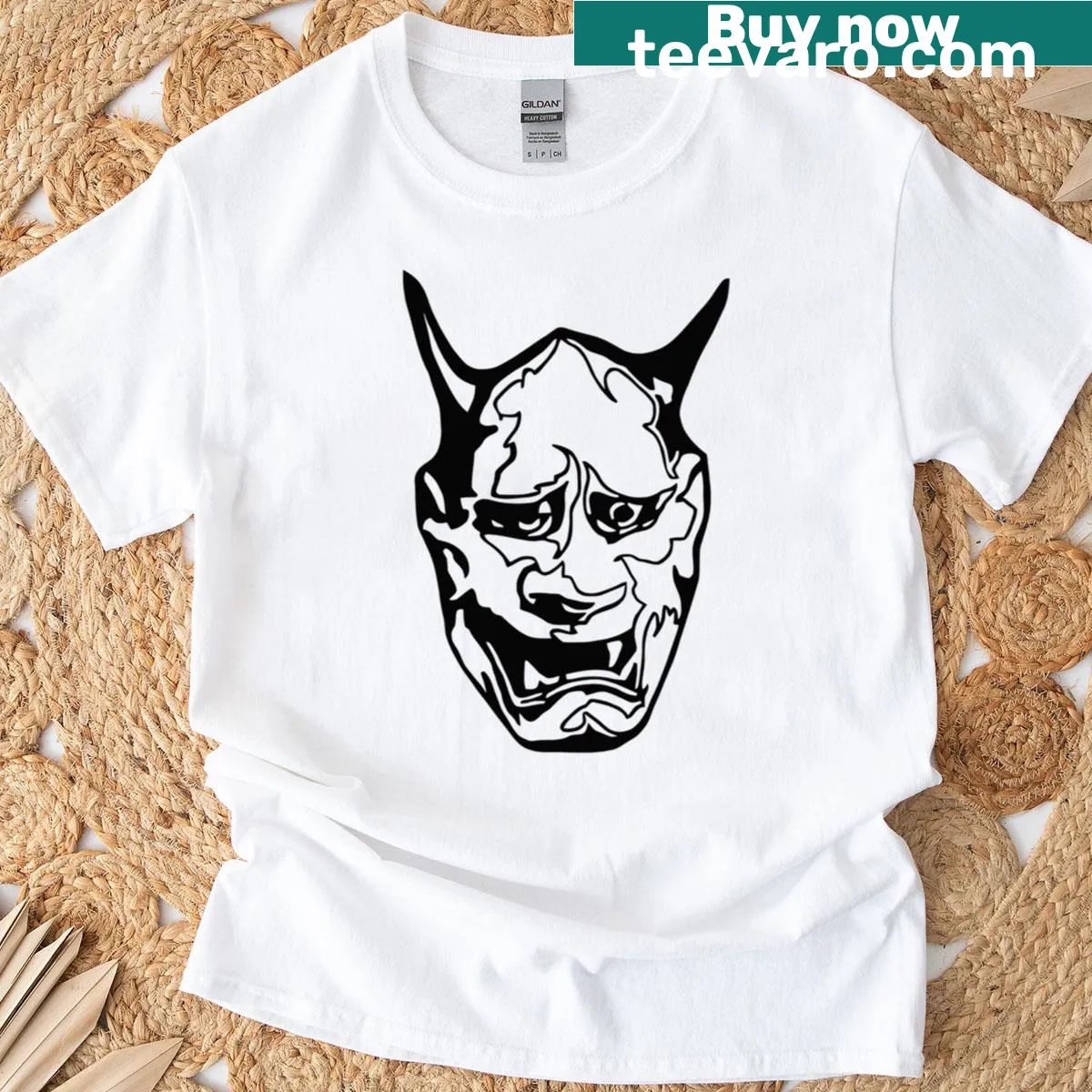 Hannya mask illustration on a t-shirt, showcasing intricate details — on a men's t-shirt