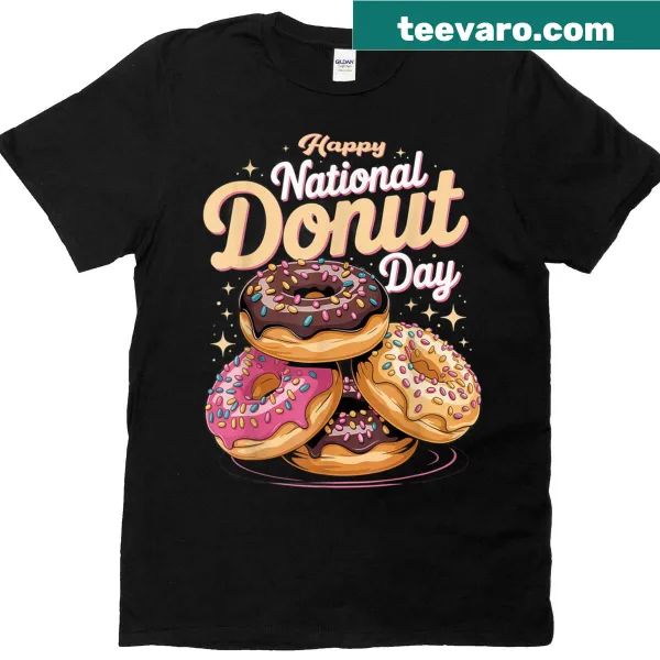 T-shirt celebrating National Donut Day with stacked donuts graphic