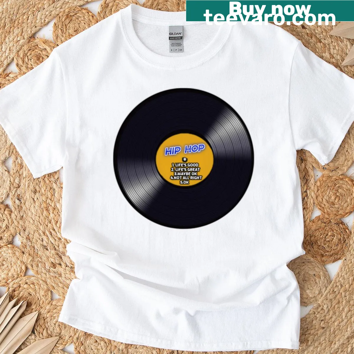 T-shirt featuring a vinyl record with musical notes for music lovers — on a men's t-shirt