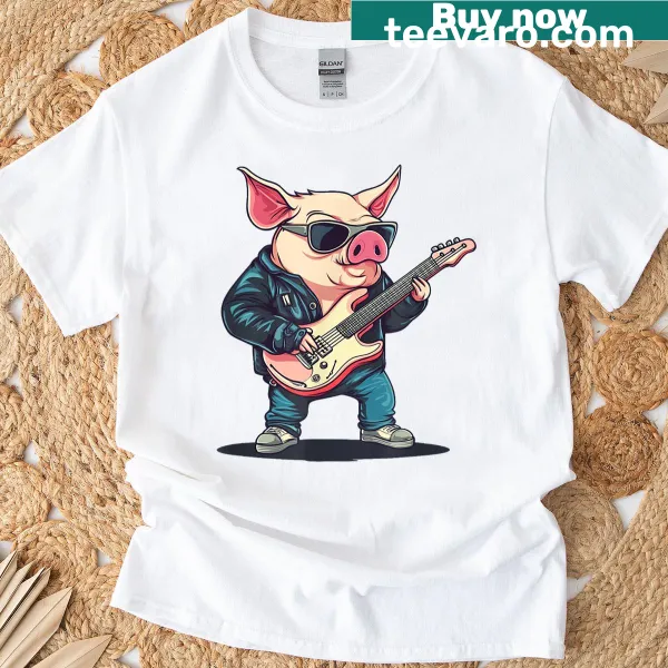 Illustration of a pig playing guitar on a T-shirt