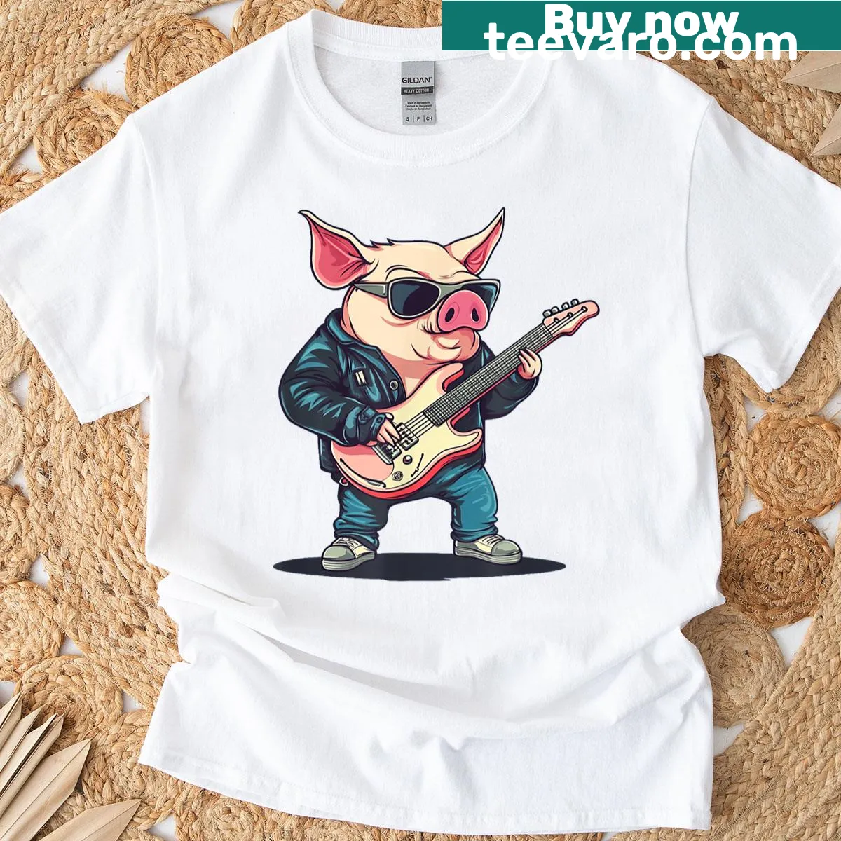 Illustration of a pig playing guitar on a T-shirt — on a men's t-shirt