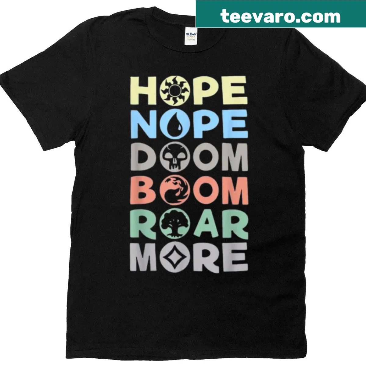 T-shirt featuring Magic: The Gathering Mana symbols and playful typography — on a men's t-shirt