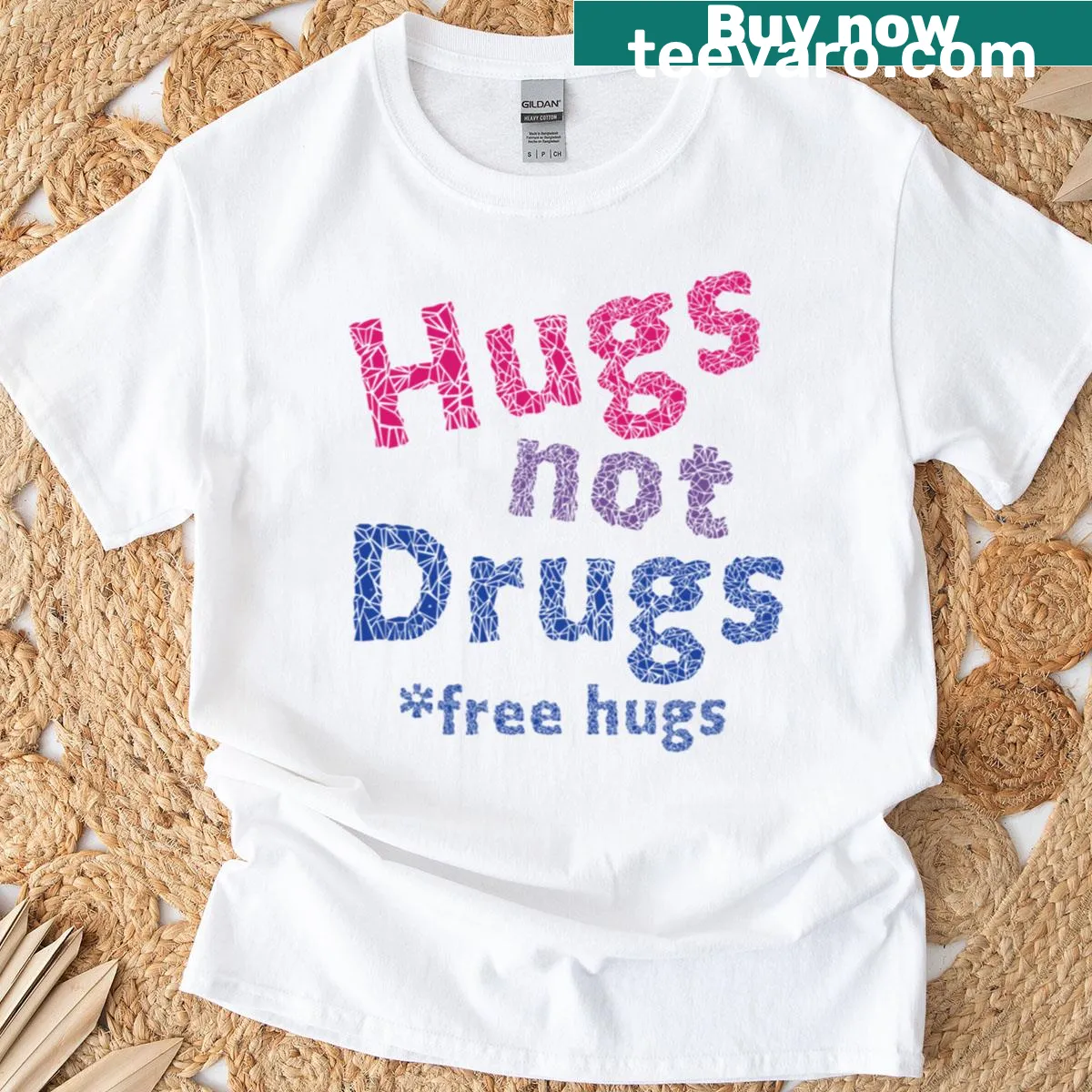 Hugs Not Drugs message t-shirt promoting LGBTQ+ pride and acceptance — on a men's t-shirt