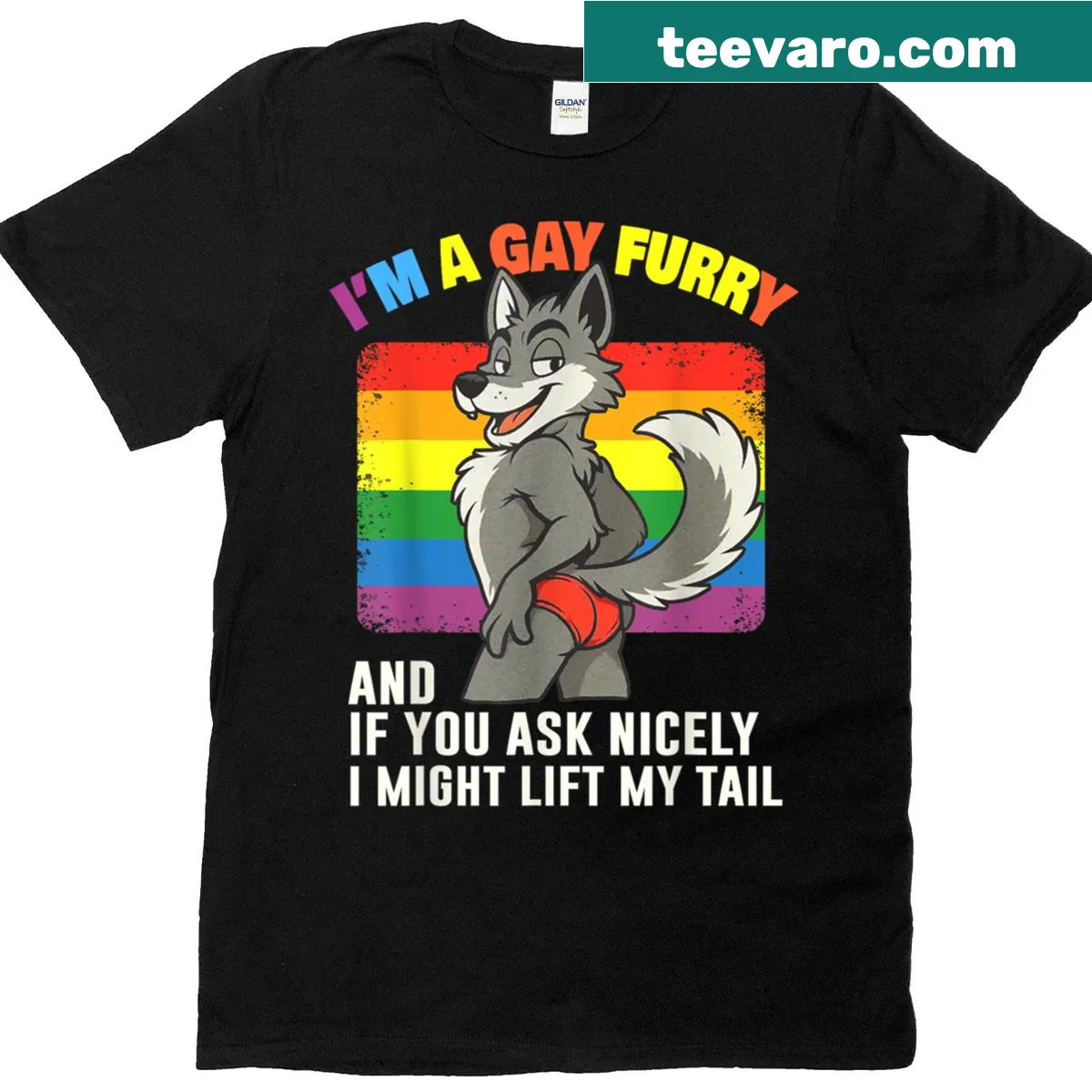 T-shirt featuring a rainbow fox design celebrating LGBTQ+ pride — on a men's t-shirt