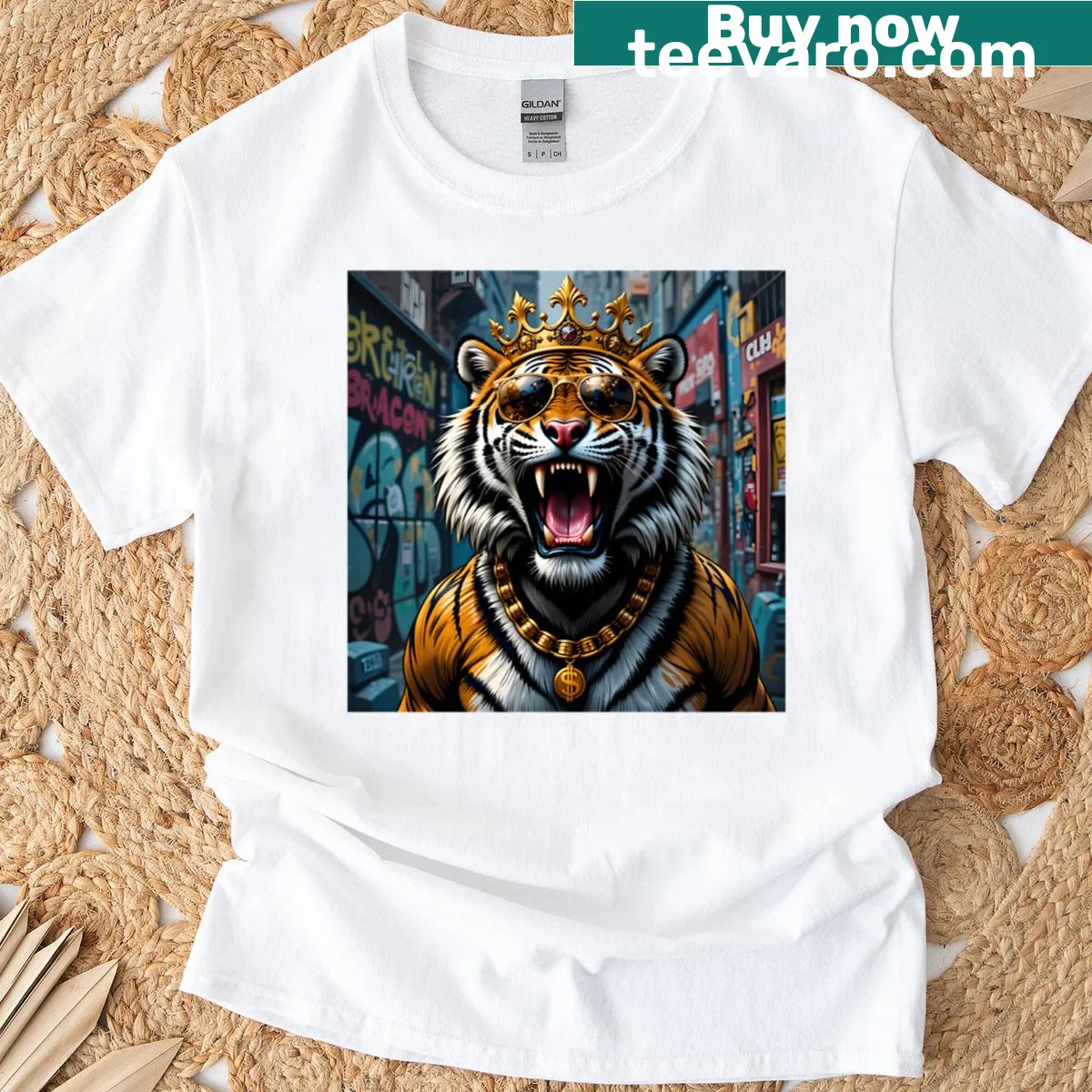 Illustration of a tiger with sunglasses against a graffiti background on a T-shirt — on a men's t-shirt