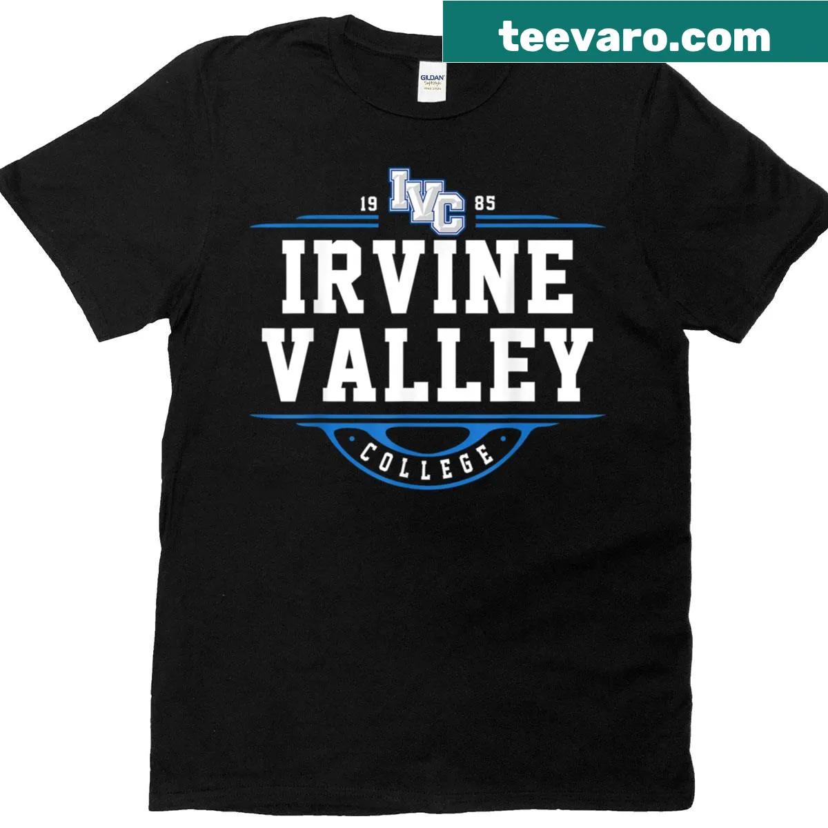 Vintage-style t-shirt with Irvine Valley College arch graphic — on a men's t-shirt