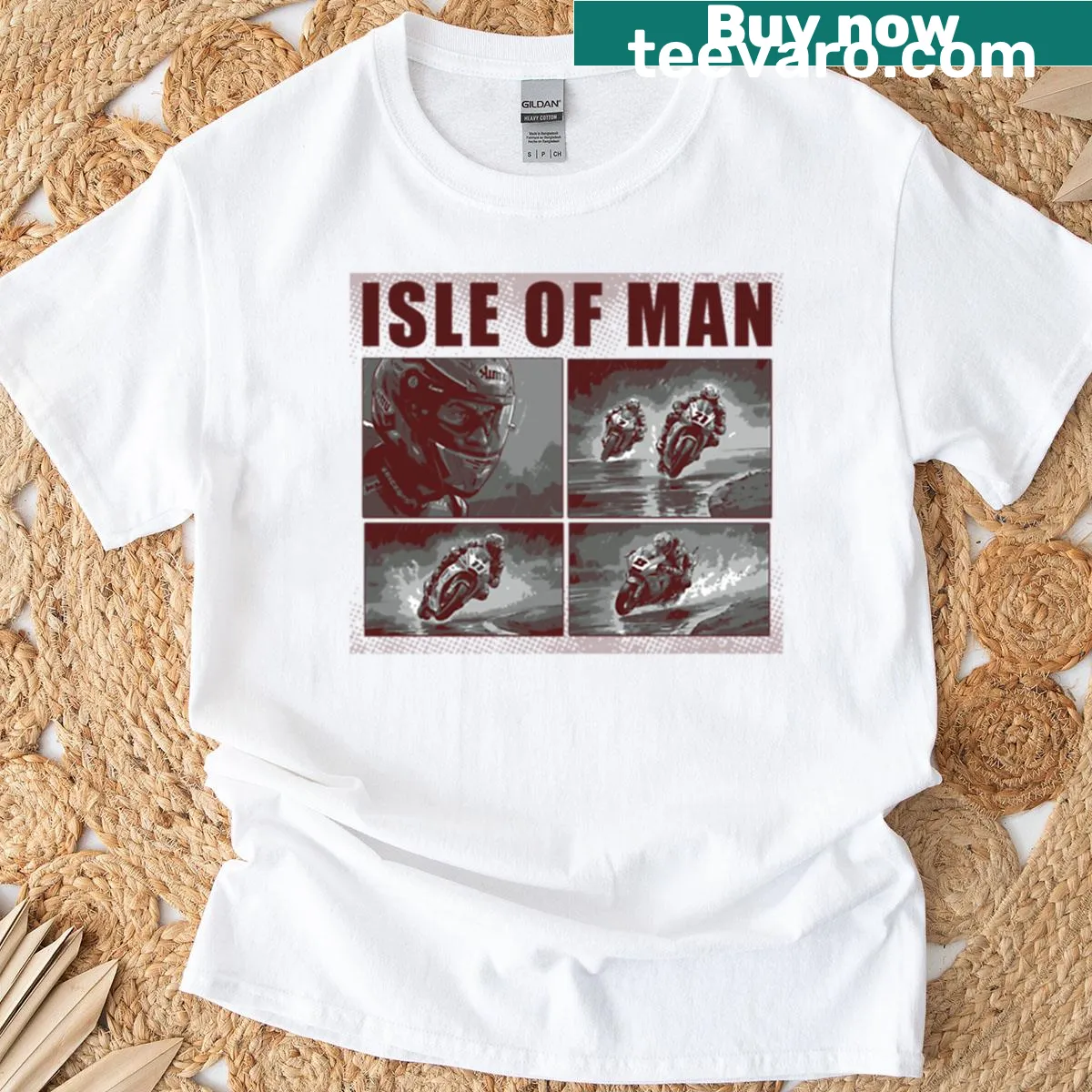 Comic action illustration of racing inspired by Isle of Man — on a men's t-shirt