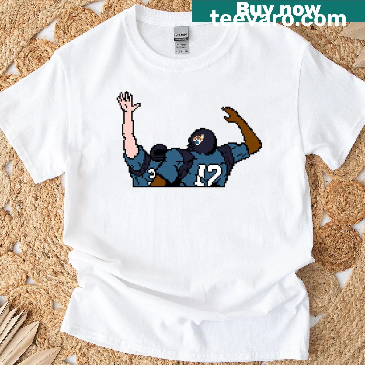Retro T-shirt featuring a touchdown celebration graphic from Tecmo Bowl — on a men's t-shirt