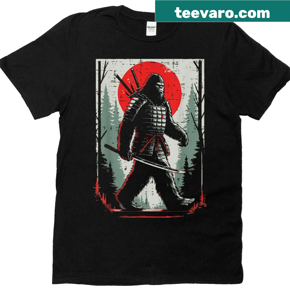 T-shirt featuring a whimsical Japanese Bigfoot with katana graphic — on a men's t-shirt