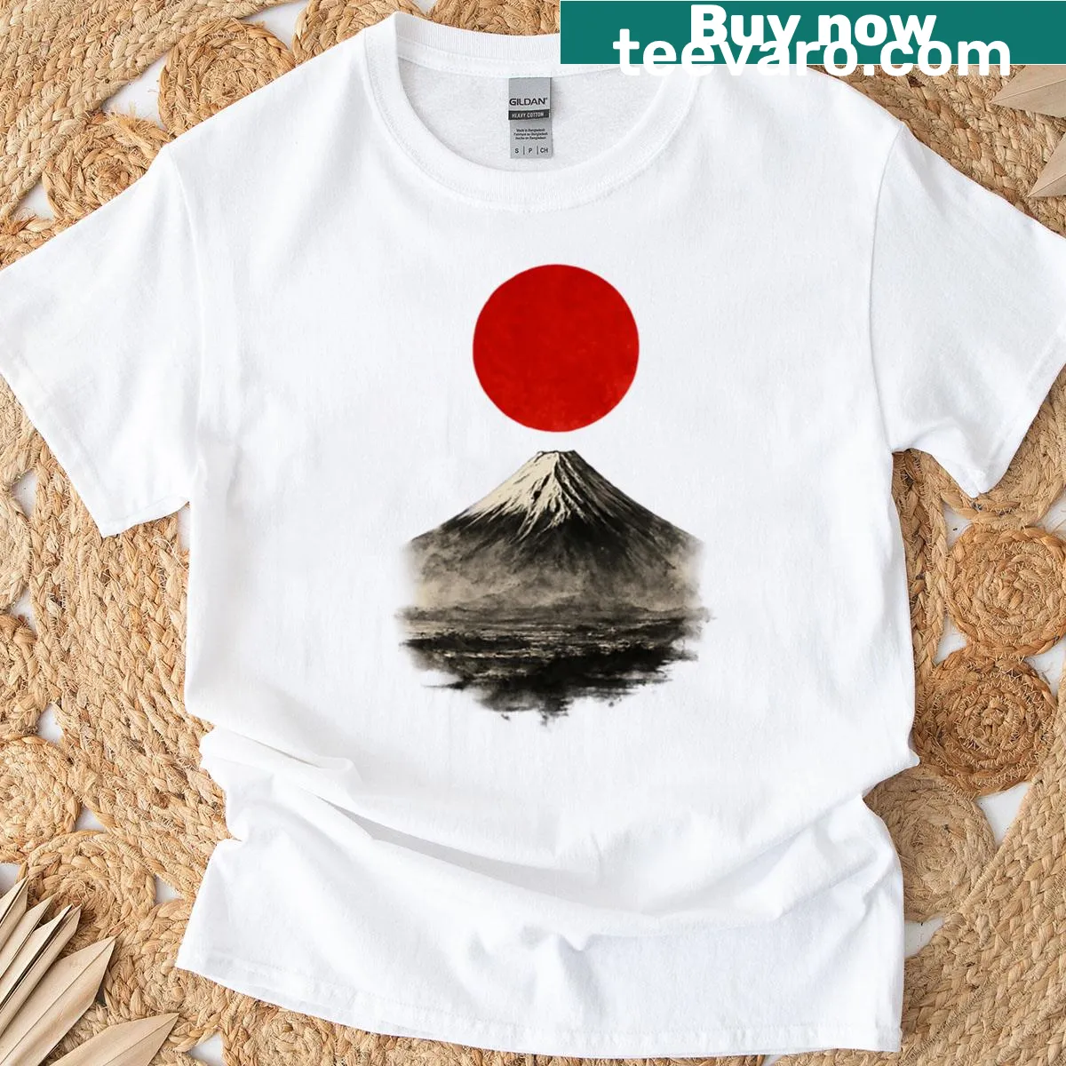 T-shirt with ink art of Mount Fuji and full moon — on a men's t-shirt