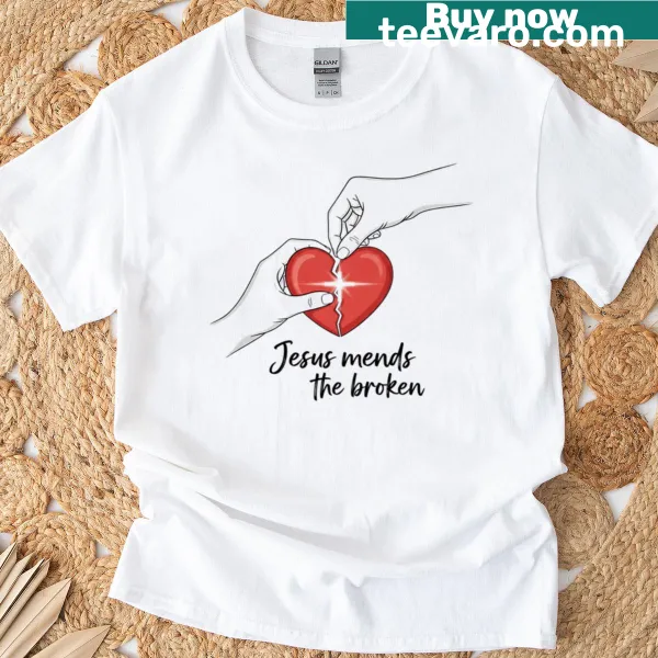T-shirt with illustration of Jesus mending a broken heart