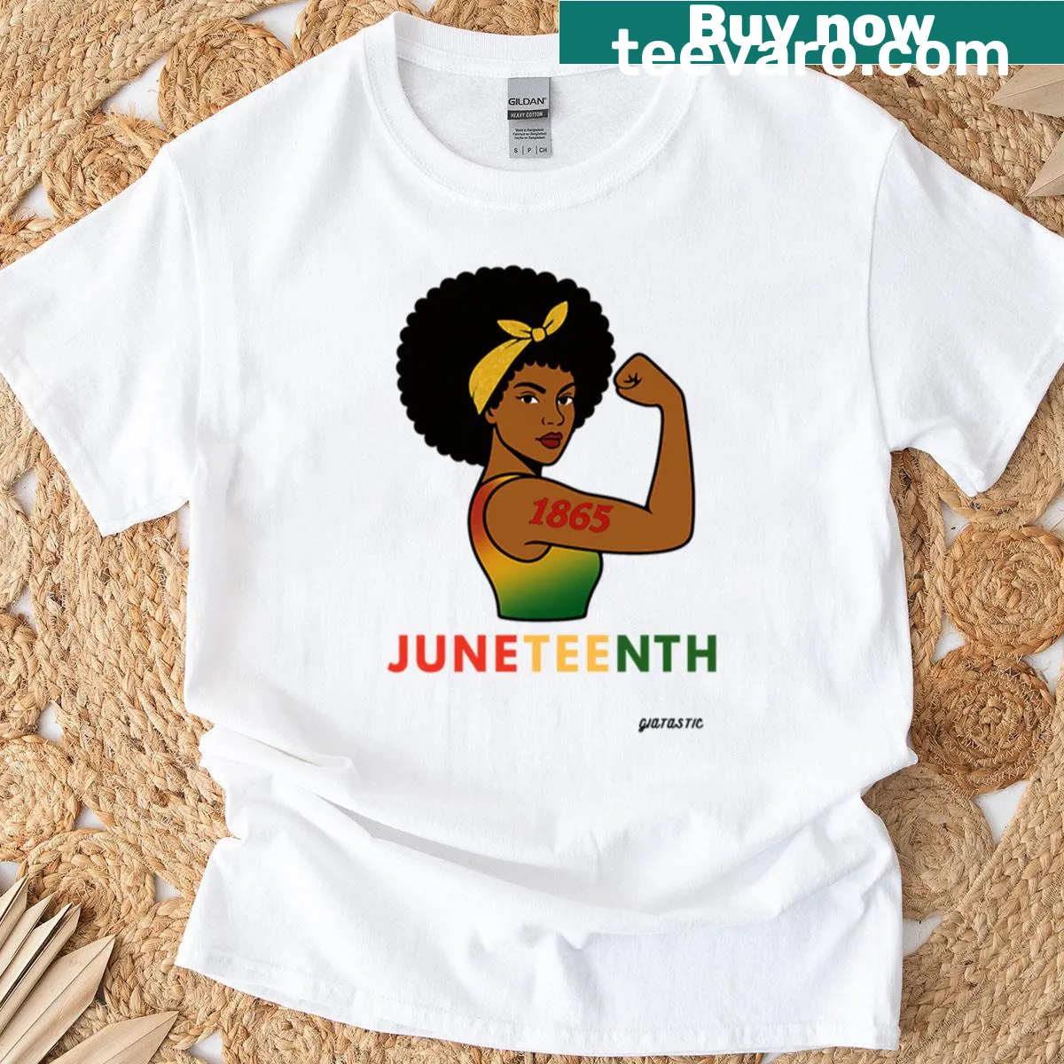 Juneteenth T-shirt featuring Power Queen 1865 text with Afro-centric elements — on a men's t-shirt