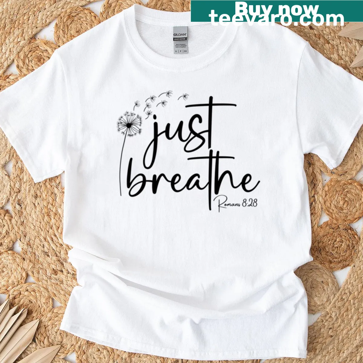 T-shirt with Romans 8:28 Bible verse promoting calmness and faith — on a men's t-shirt
