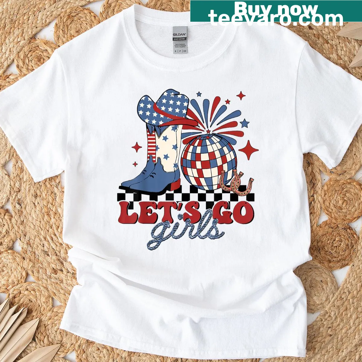 Fun T-shirt for 4th of July with cowgirl and disco themes — on a men's t-shirt