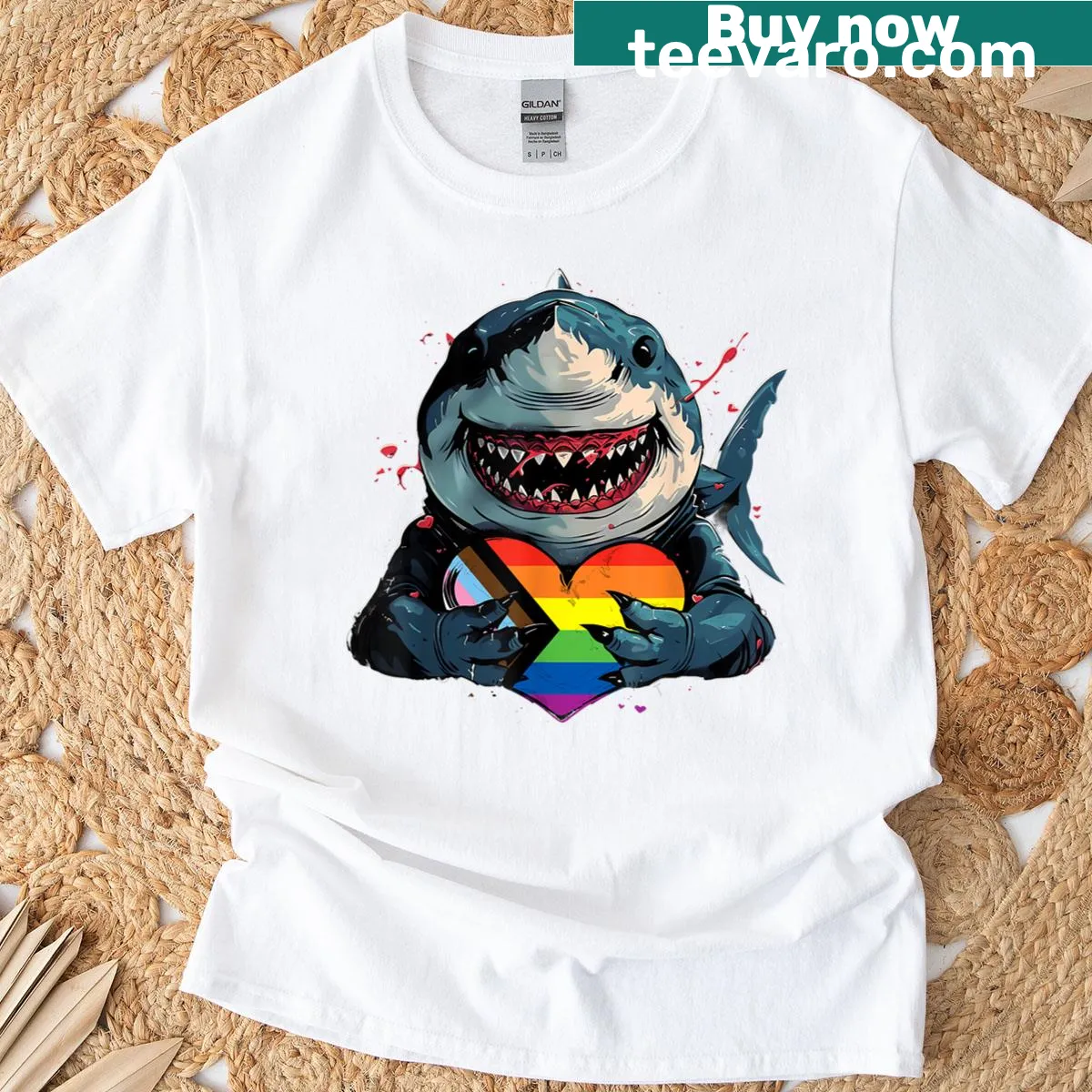 T-shirt featuring a shark and heart with the progressive pride flag — on a men's t-shirt