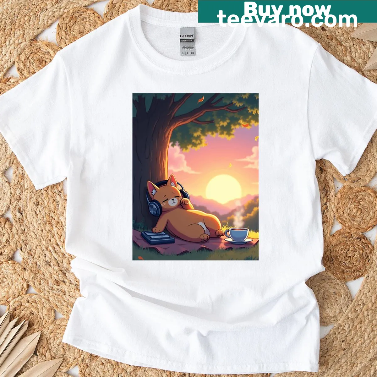 Charming illustration of a cat under a tree at sunset on a T-shirt — on a men's t-shirt