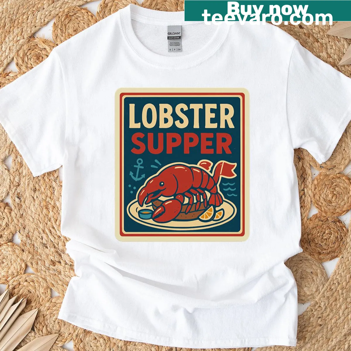 Vintage-style t-shirt featuring a lobster supper design. — on a men's t-shirt