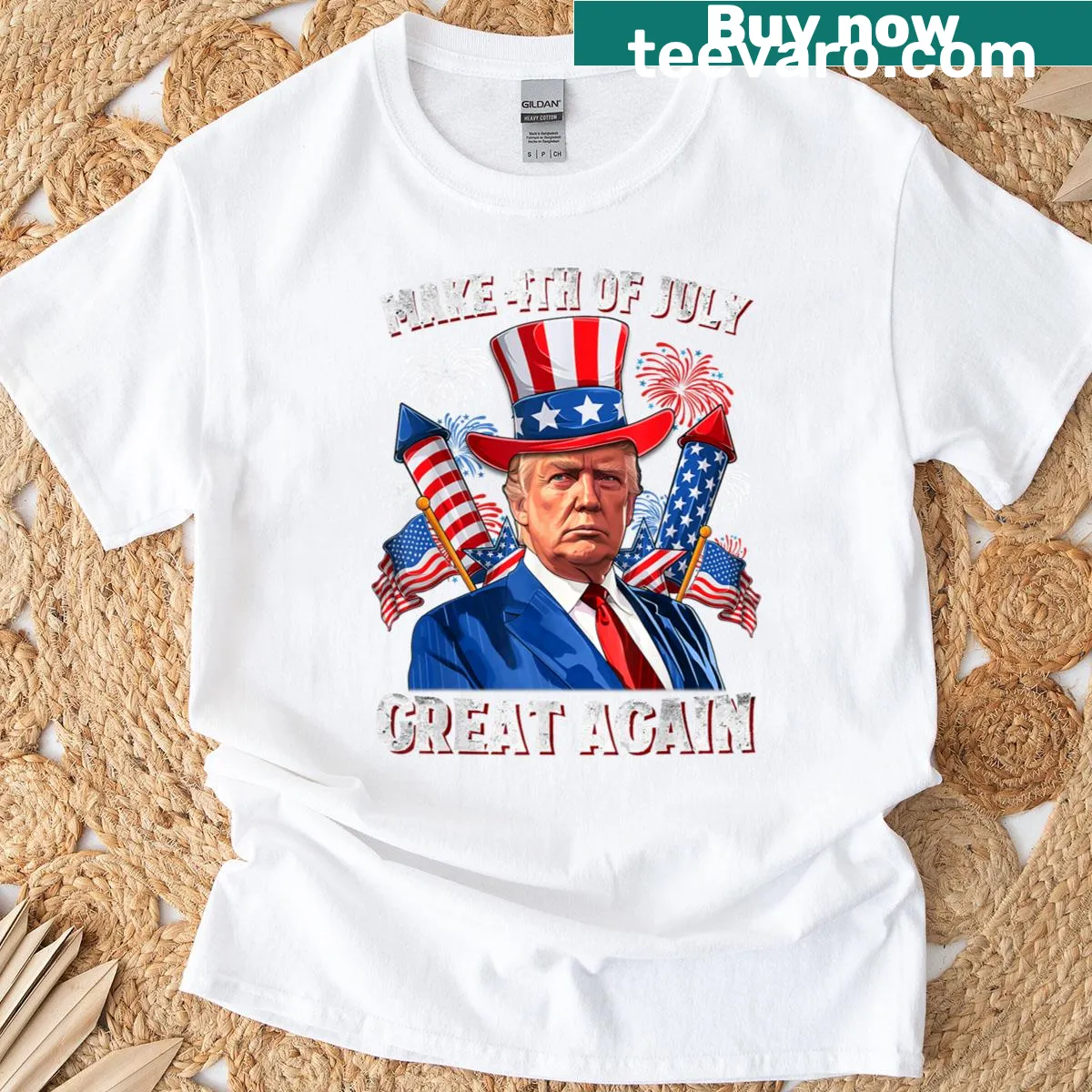Fourth of July graphic t-shirt with fireworks and text — on a men's t-shirt