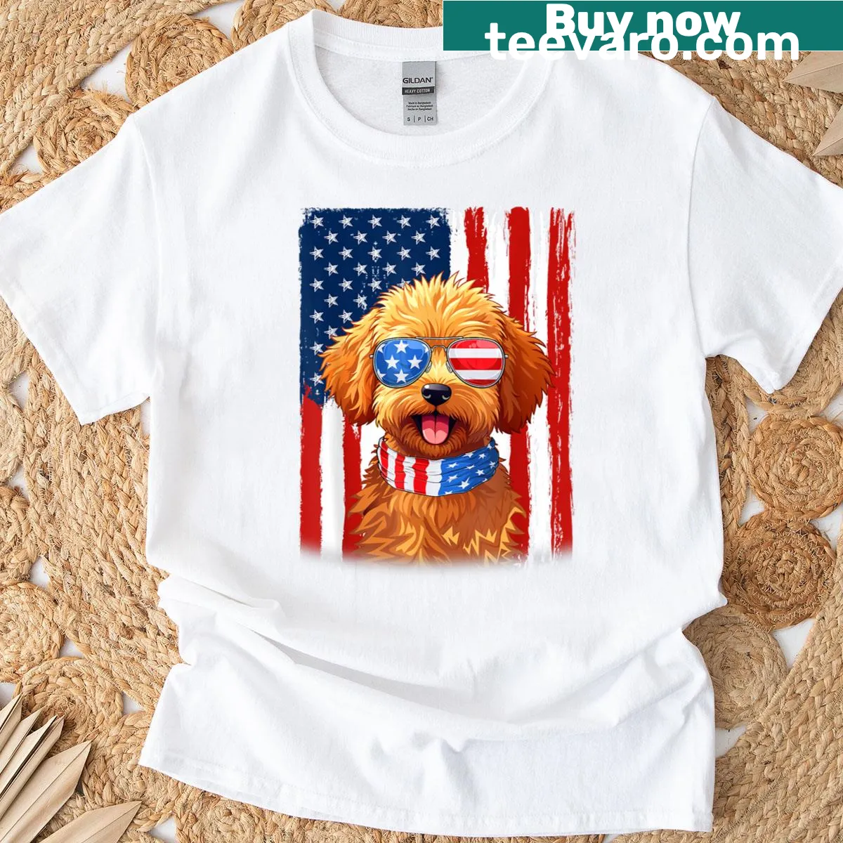 Maltipoo Dog T-shirt with American flag design — on a men's t-shirt