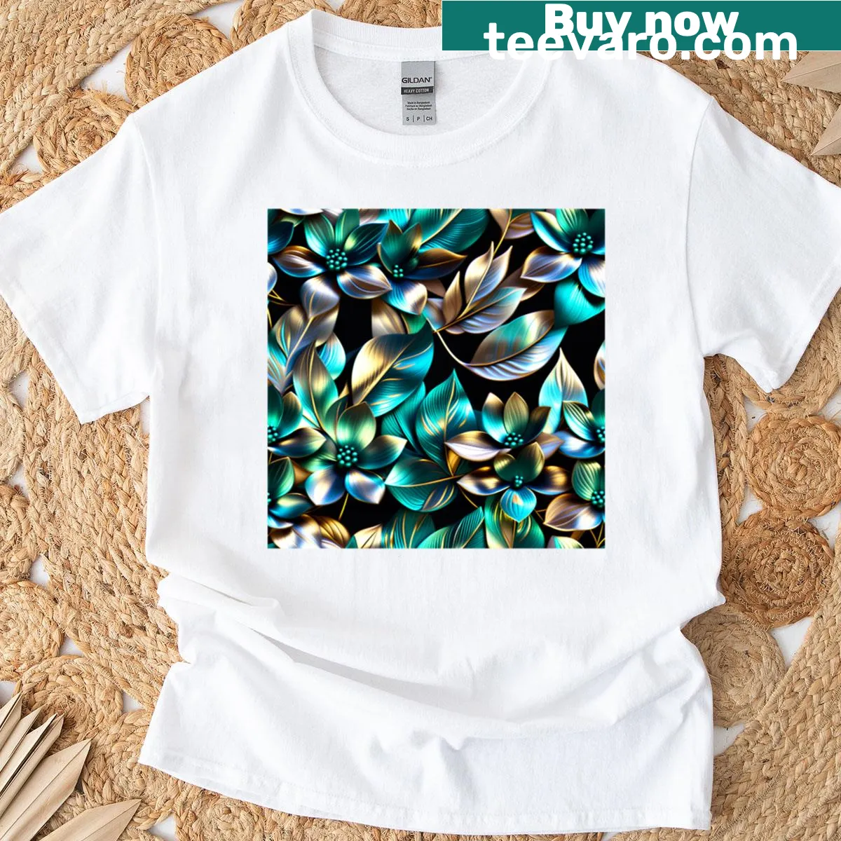 Futuristic metallic floral pattern in teal and gold on black T-shirt — on a men's t-shirt