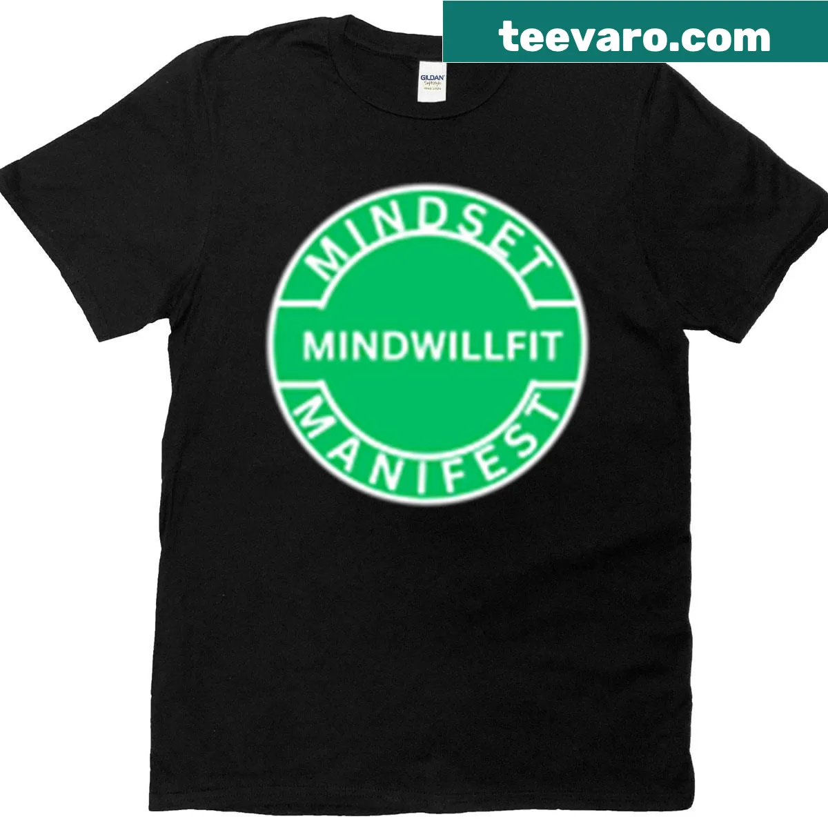 Motivational typography T-shirt with the phrase 'Mindset Mindwillfit Manifest' — on a men's t-shirt