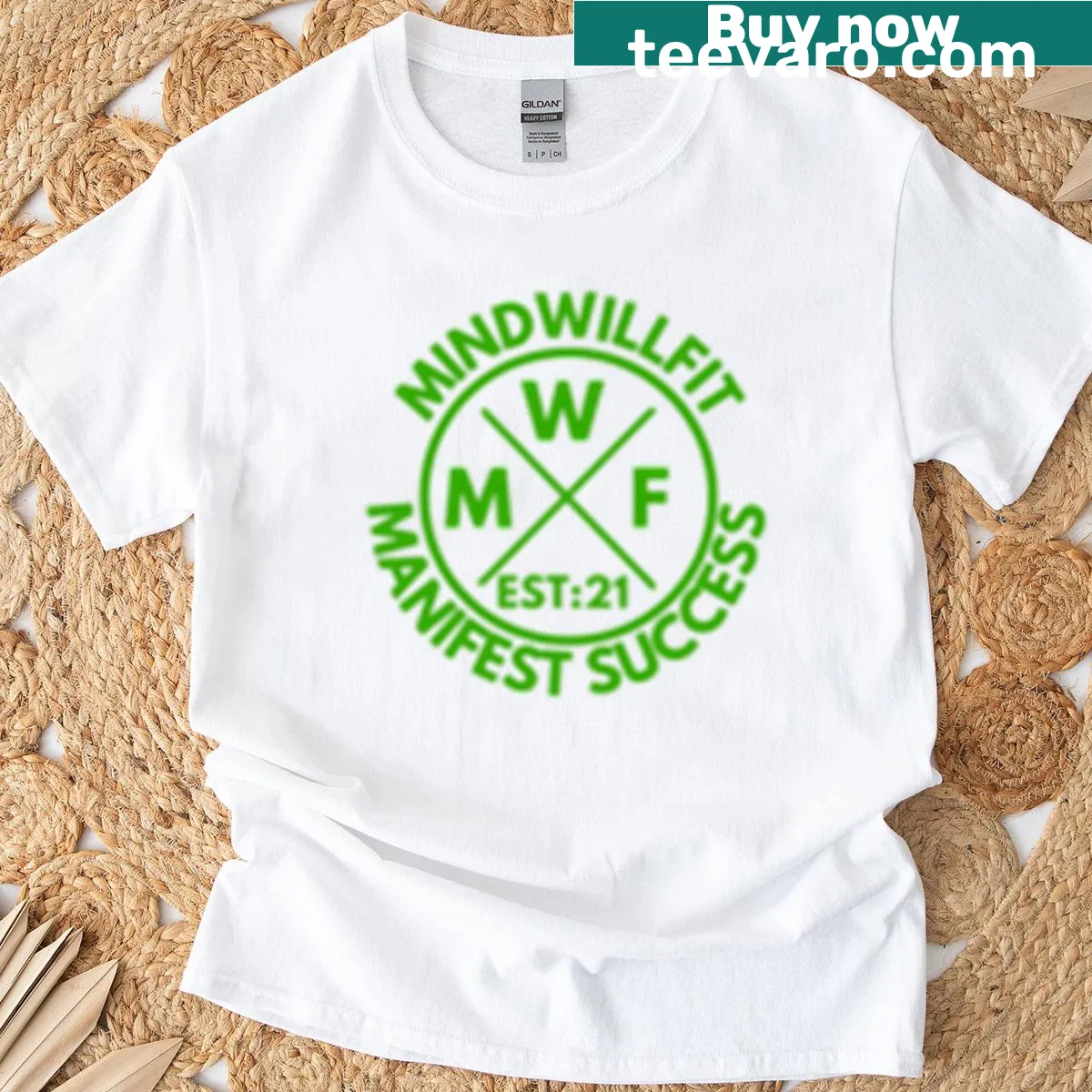 Graphic T-shirt with the phrase 'Mindwillfit Manifest Success'. — on a men's t-shirt