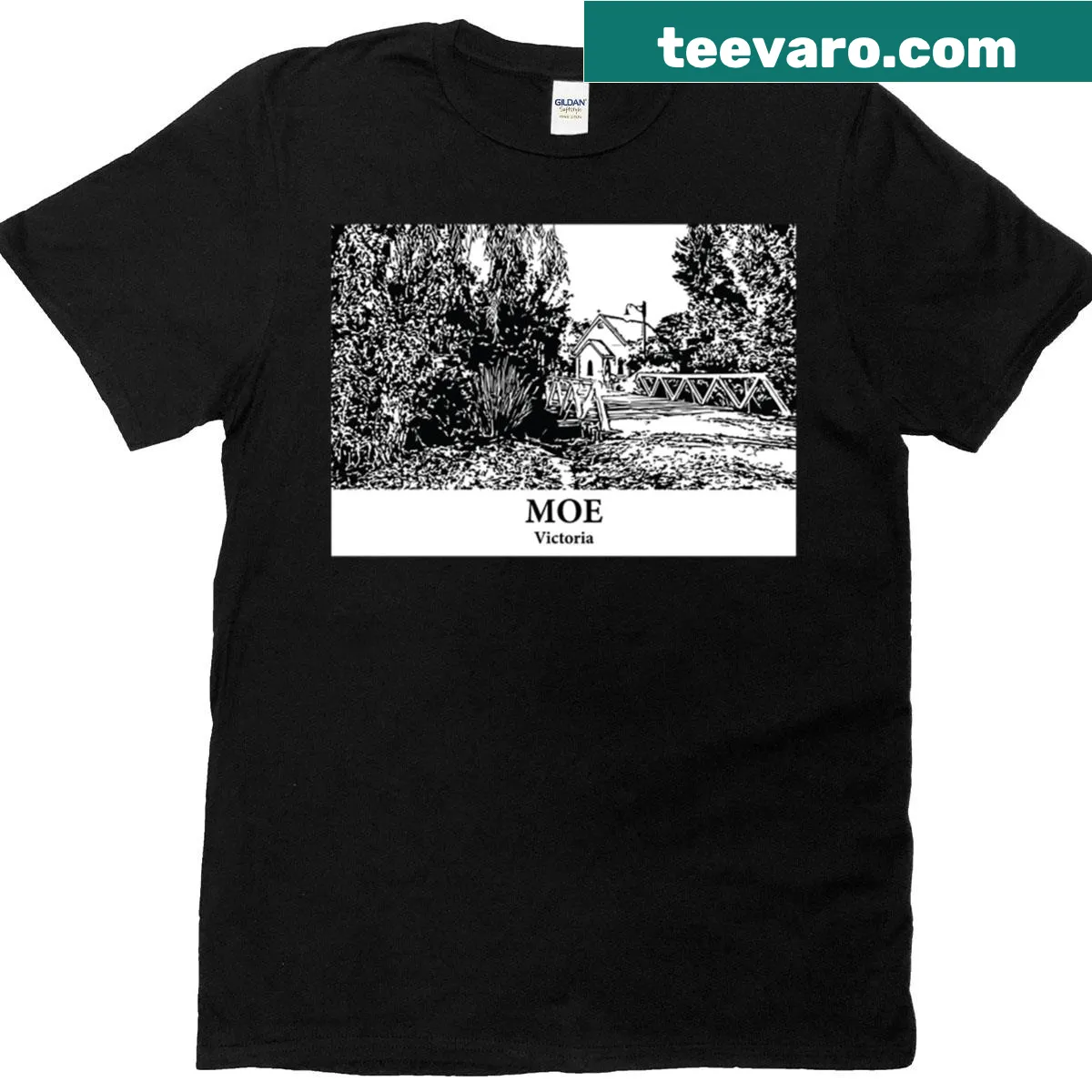 T-shirt featuring an emblem design for Moe, Victoria — on a men's t-shirt