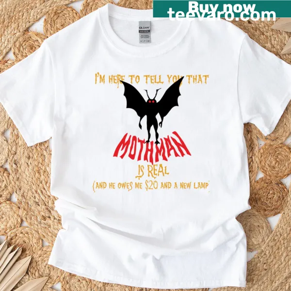 Bold illustrated graphic of Mothman on a T-shirt