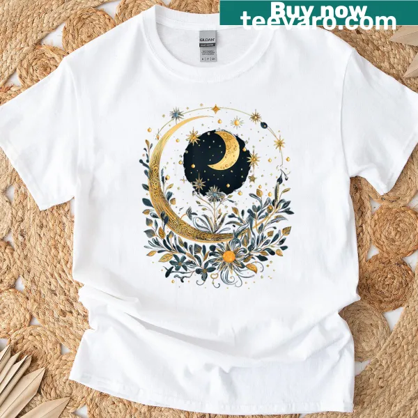 Aesthetic t-shirt featuring a mystical woman with sun, moon, and flowers illustration.
