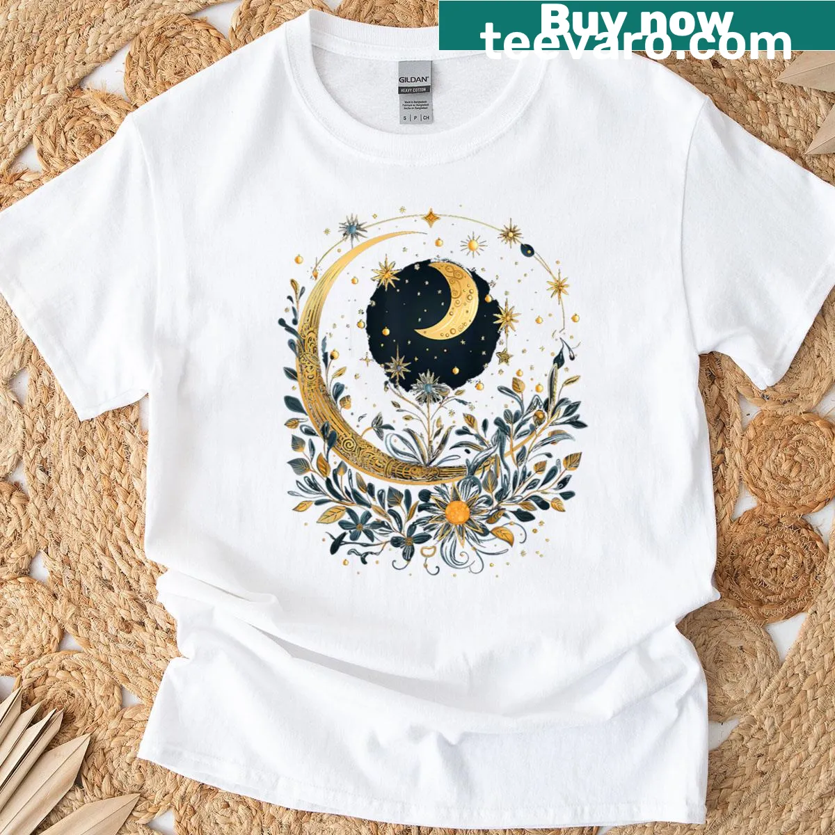 Aesthetic t-shirt featuring a mystical woman with sun, moon, and flowers illustration. — on a men's t-shirt