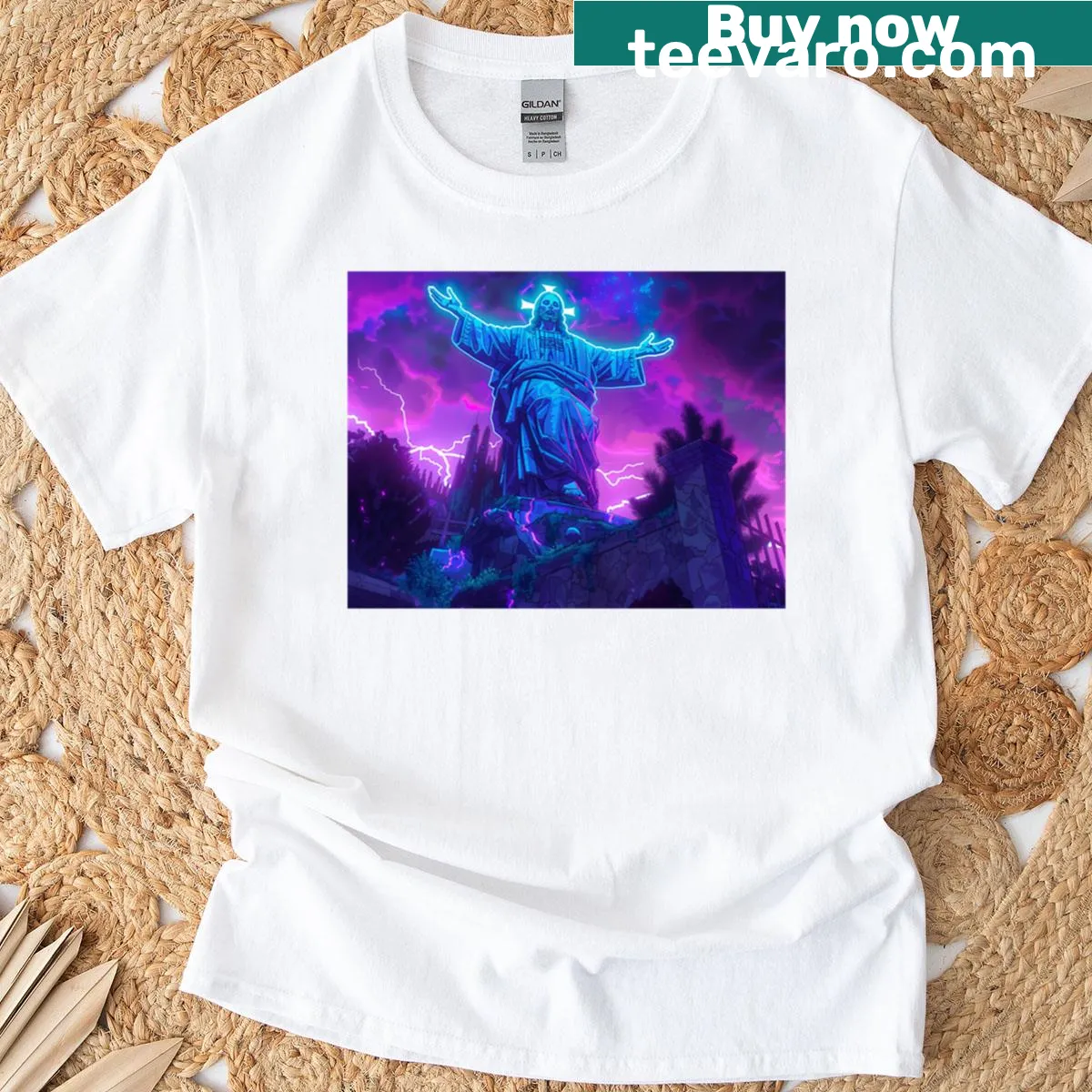 Dramatic illustration of a statue against an electric sky — on a men's t-shirt